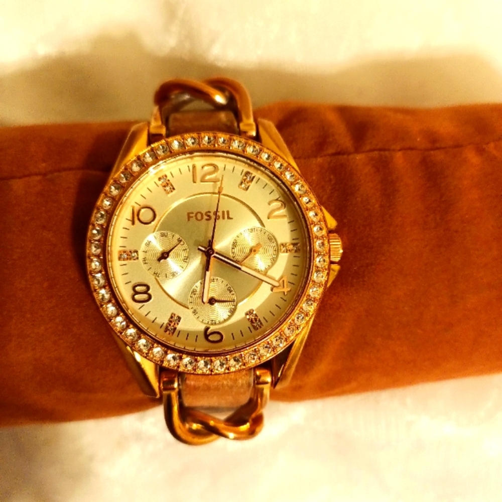 Fossil ES 3466 Rise gold rinestone chronograph women's watch tan leather… - Picture 2 of 7